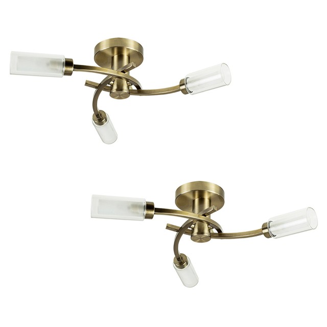 2 X Antique Brass 3 Way Semi Flush Ceiling Light Fitting Glass 2 X Antique Brass 3 Way Semi Flush Ceiling Light Fitting Glass Shades Lighting