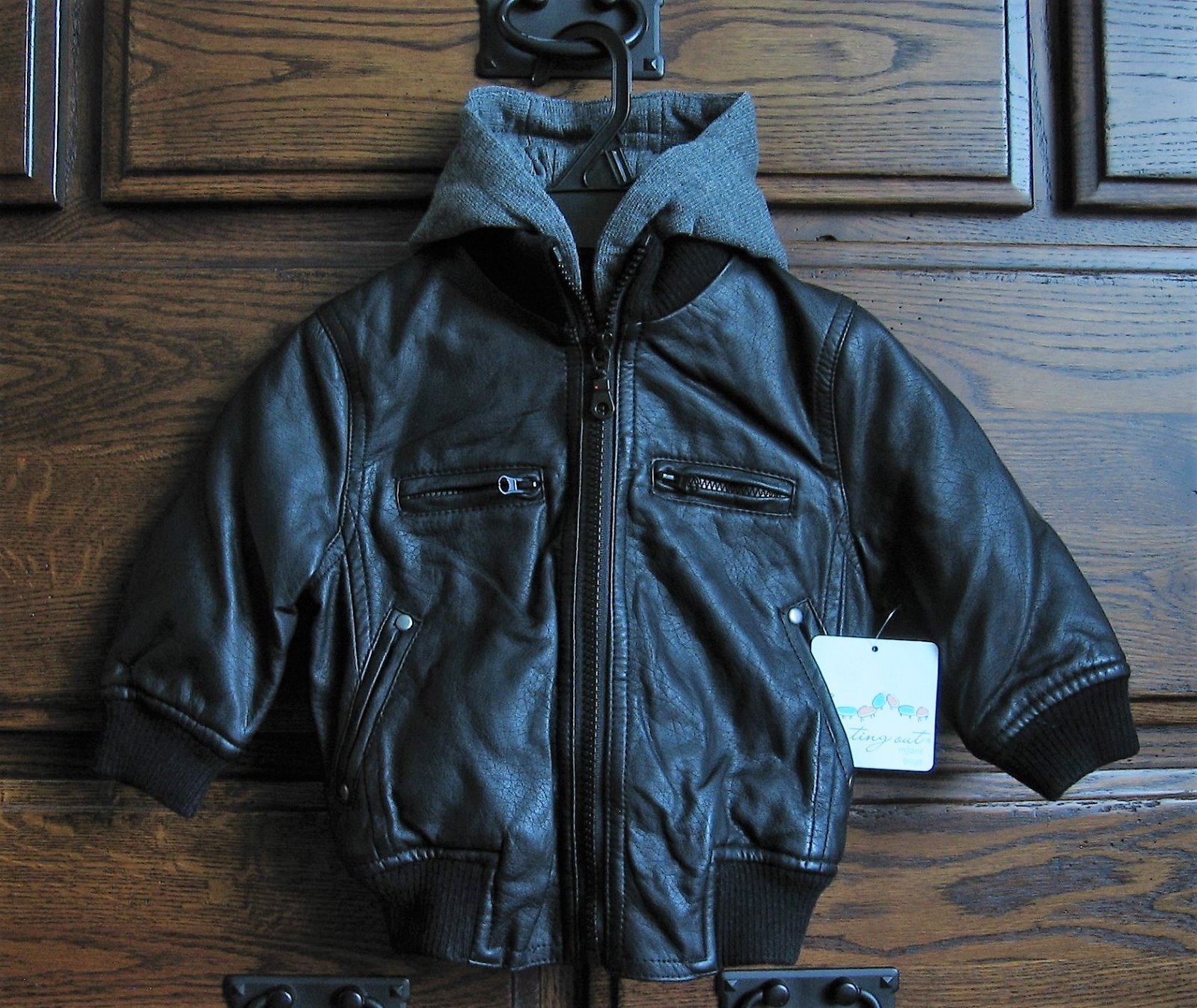 Starting Out Baby Boys Hooded Faux Leather Bomber Jacket 24 Months