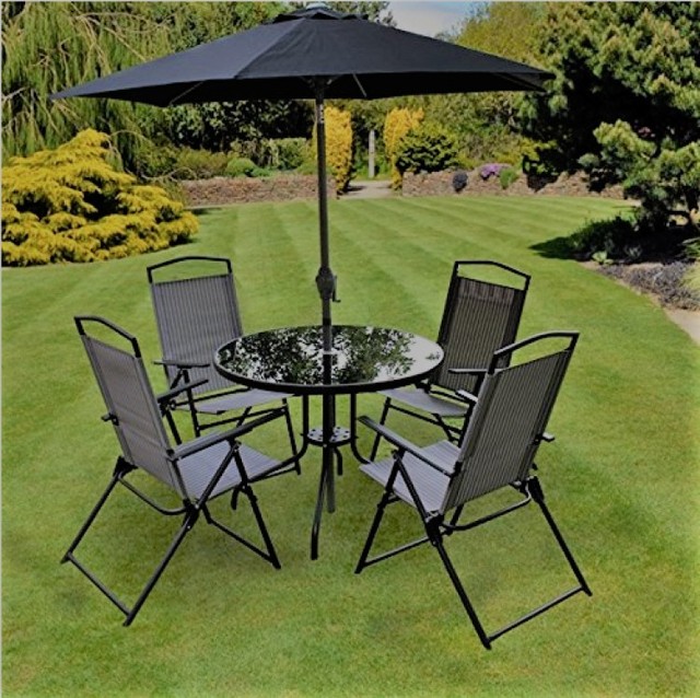6 Piece Outdoor Garden Patio Furniture Set Padded Chairs 4x Glass 6 Piece Outdoor Garden Patio Furniture Set Padded Chairs 4x Glass Table Parasol