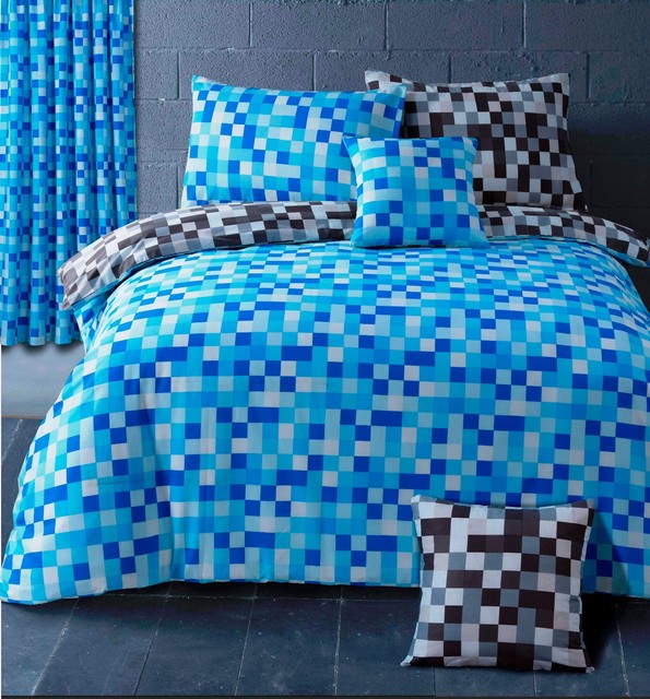 Blue Grey Checd Squares Pixels Funky Revesible Cushion Cover Pixel Check Blue Grey Duvet Quilt Cover Bedding Set Single Double King Curtains