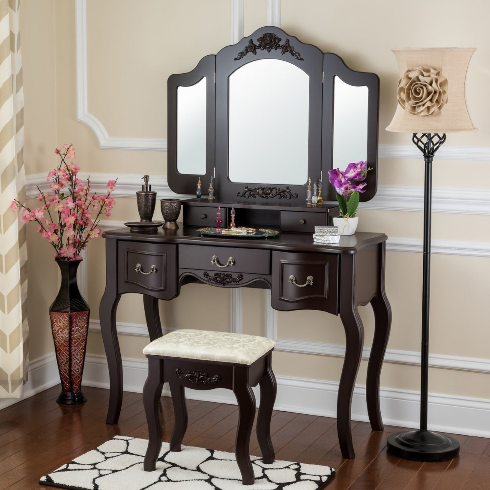 Vanity Makeup Table With Stool Set Beauty Station 3 Mirrors 5 Vanity Makeup Table With Stool Set Beauty Station 3 Mirrors 5 Drawers Desk Brown