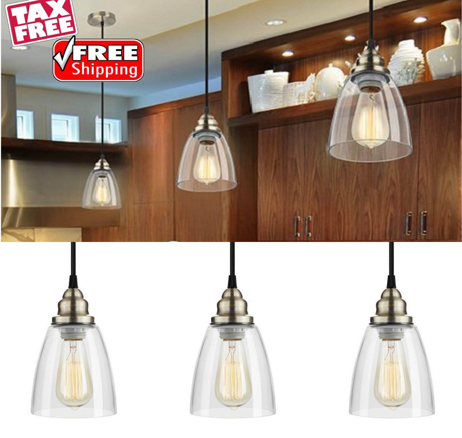 Vintage Mini Glass Pendant Light 3 Pack Clear Bell Ceiling Hanging Picture 1 Of 10