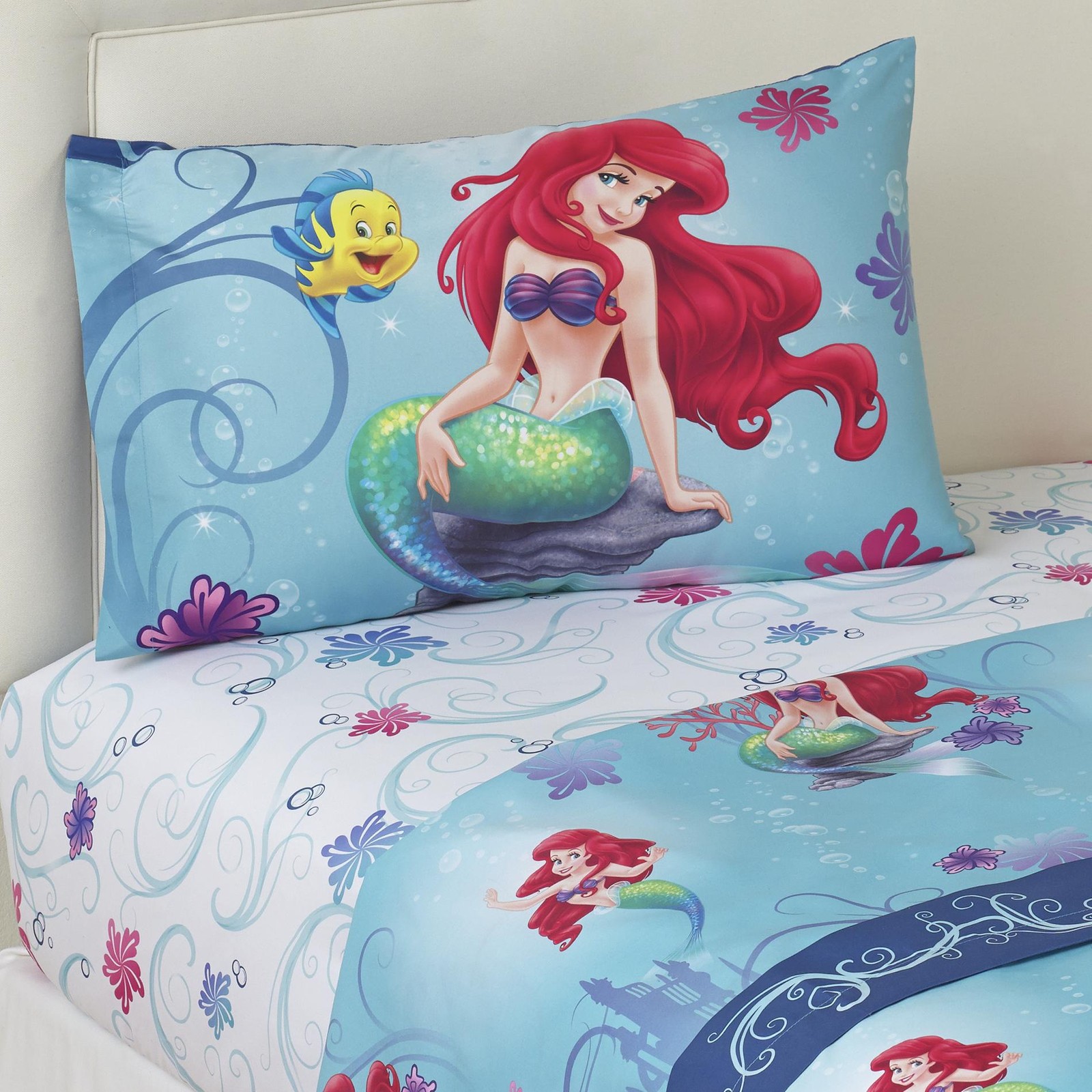 Little Mermaid Sheet Set Girl 4pc Full Disney Princess Ariel Flat Picture 1 Of