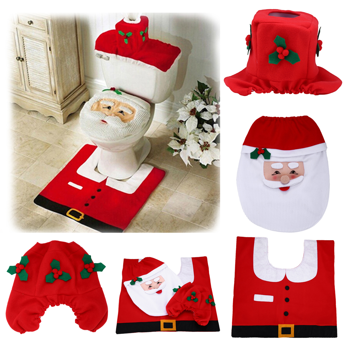 3pcs Xmas Santa Toilet Seat Cover Rug Bathroom Set Christmas Home Picture 1 Of 12