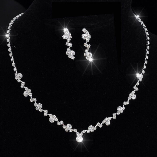 Silver Bridesmaid Crystal Necklace Earrings Set Wedding Bridal Silver Bridesmaid Crystal Necklace Earrings Set Wedding Bridal Jewelry Pop