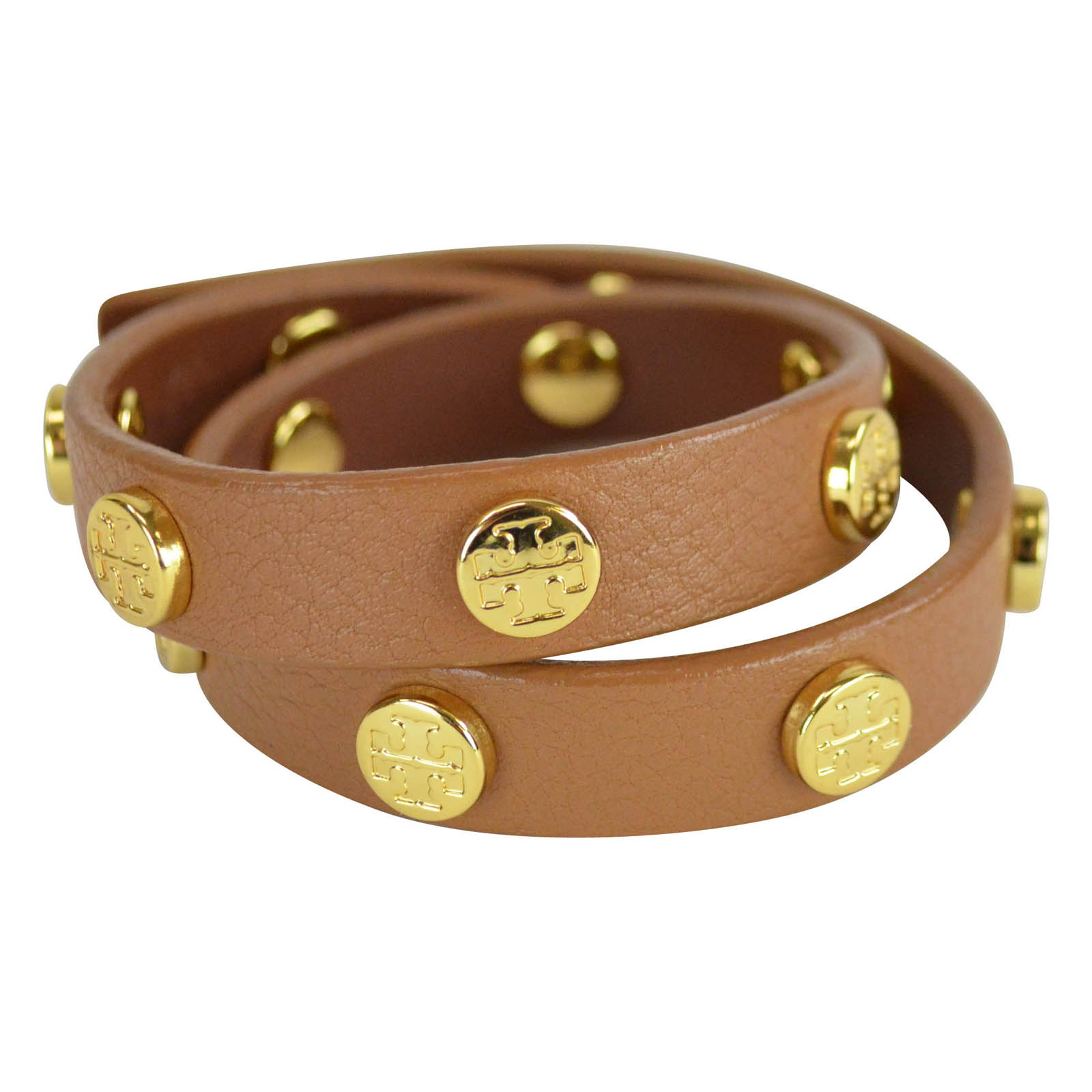 Tory Burch Double Wrap Gold Logo Stud Leather Bracelet Luggage Picture 1 Of