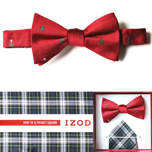 Izod Red Christmas Tree Bow Tie Blue Plaid Pocket Square Boxed Izod Pre Tied Bow Tie Pocket Square Box Set Silk Plaid Christmas Tree Nib