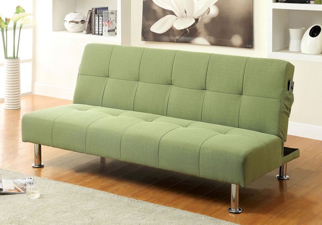 Dewey Contemporary Style Sofa Bed Futon Sleeper Green Flax Fabric Dewey Contemporary Style Sofa Bed Futon Sleeper Green Flax Fabric Side Pockets