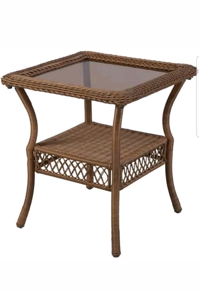 Hampton Bay Wicker Patio Side Table All Weather Brown Glass Tabletop Picture 1 Of 3