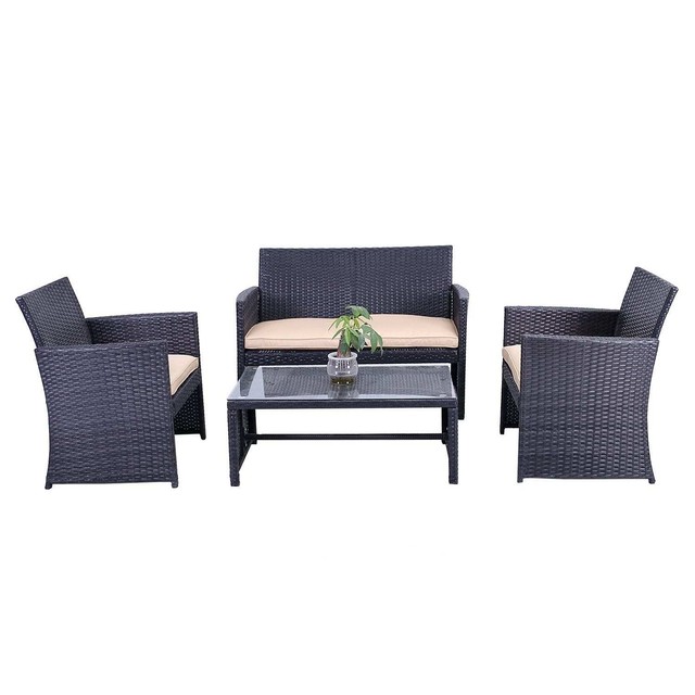 Aleko Outdoor Seattle Rattan Patio Furniture Coffee Set Black Cream Aleko Indoor Outdoor Seattle Rattan 4 Piece Patio Furniture Set
