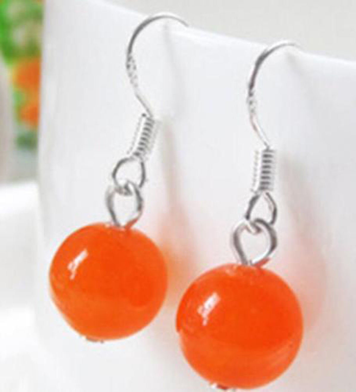 Charm Fashion 10mm Orang Jade Round Bead Silver Hook Earrings Ebay