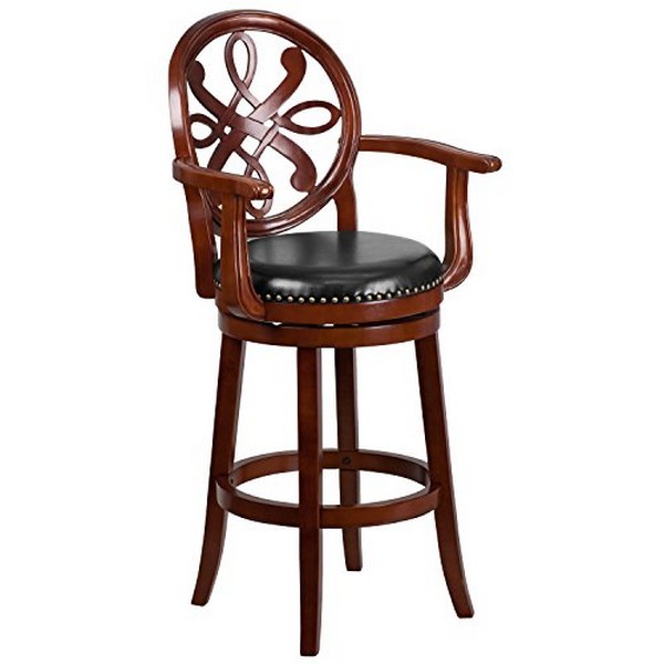 Wood Barstool Cherry Arms Swivel Seat Black Leather 30 Inch High Picture 1 Of