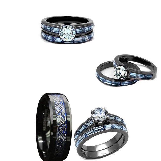 His Tungsten And Her Black Blue Stainless Steelcz Engagement His Tungsten And Her Black Blue Stainless Steelcz Engagement Wedding Ring Set