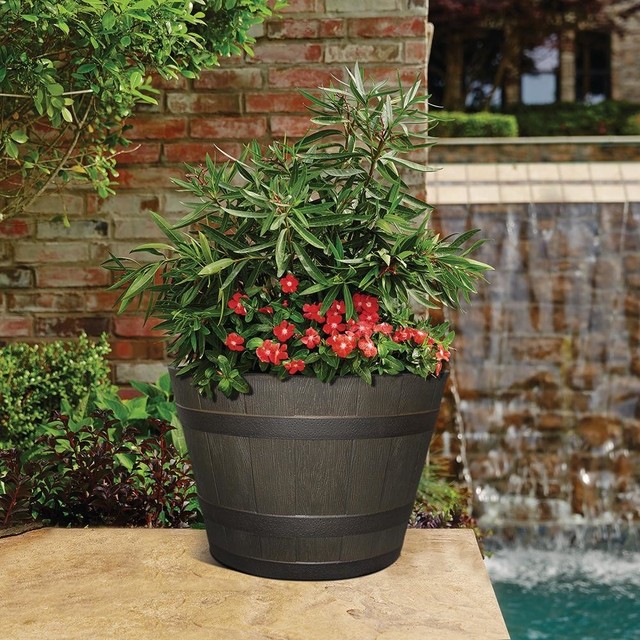 22 1 2 Inch Outdoor Resin Whiskey Barrel Planter Pot Plant Rustic Oak Iron 22 1 2 Inch Outdoor Resin Whiskey Barrel Planter Pot Plant Rustic Oak Iron