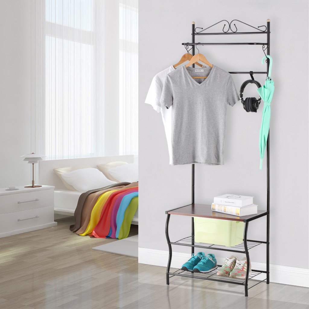 Metal Entryway Storage Bench Coat Rack Seat Shelf Hall Tree Hats Picture 1 Of 11
