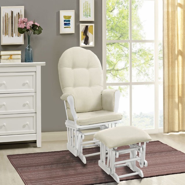 Angel Line Windsor Glider And Ottoman With Beige Cushion White Nursery Rocker And Ottoman Windsor Glider Padded Arms Baby Rocking Chair Cushion
