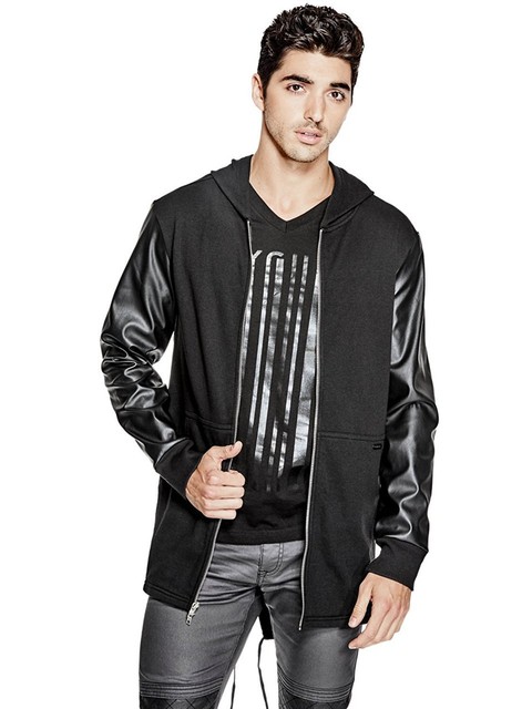Guess Men S Longline Hooded Sweatshirt Jacket Faux Leather Sleeves L Guess Men S Longline Hooded Sweatshirt Jacket W Faux Leather Sleeves L Black Nwt