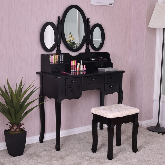 Make Up Vanity Table Set Tri Folding Mirror Soft Padded Bench 7 Make Up Vanity Table Set Tri Folding Mirror Soft Padded Bench W 7 Drawer