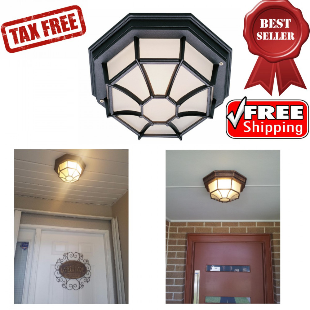 Outdoor Ceiling Light Fixture Flush Mount Porch Rust Metal Glass Picture 1 Of 4
