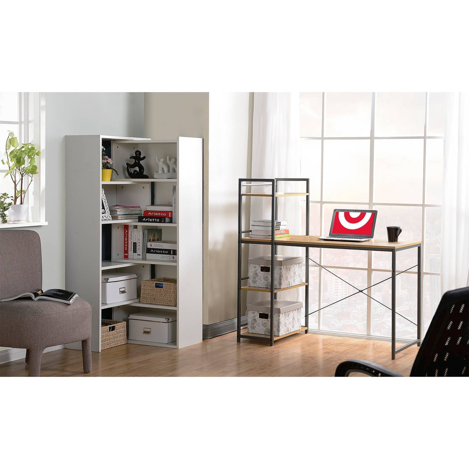 Homestar Desk With Built In 4 Shelf Bookcase Natural Wood Brand New T