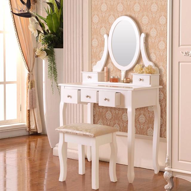 5 Drawer Mirror Makeup Vanity Table Set W Stool Jewelry Wood White 5 Drawer Mirror Makeup Vanity Table Set W Stool Jewelry Wood White Desk