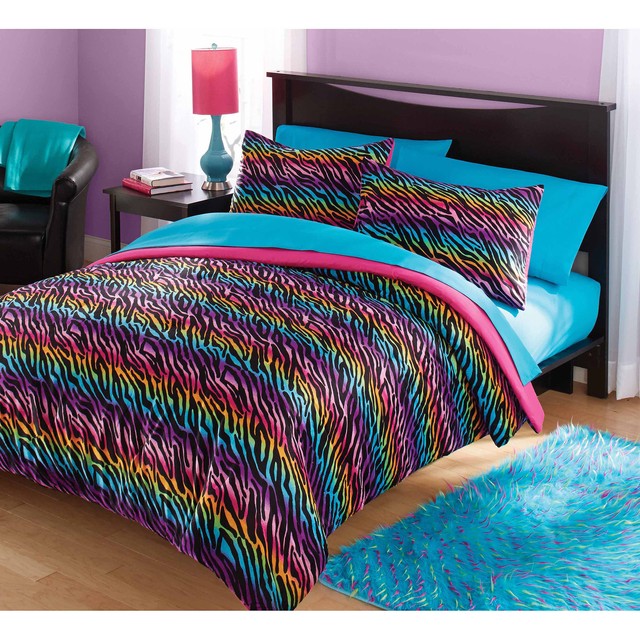 Your Zone Mink Rainbow Zebra Bedding Comforter Set Twin Rainbow Bedding Set Reversible Comforter Zebra Twin Size Girls Bedroom Decor