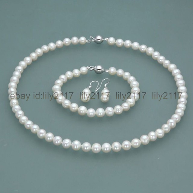 7 8mm Real Natural White Freshwater Pearl Necklace Bracelet Earrings New 7 8mm Real Natural White Freshwater Pearl Necklace Bracelet Earrings Set
