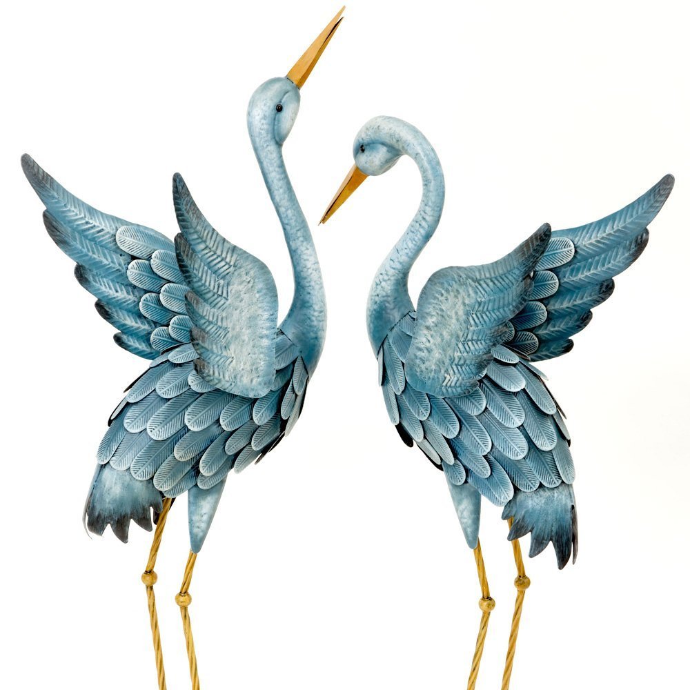 Blue Heron Metal Garden Sculpture 2pc Set Crane Bird Backyard Patio Picture 1 Of 6