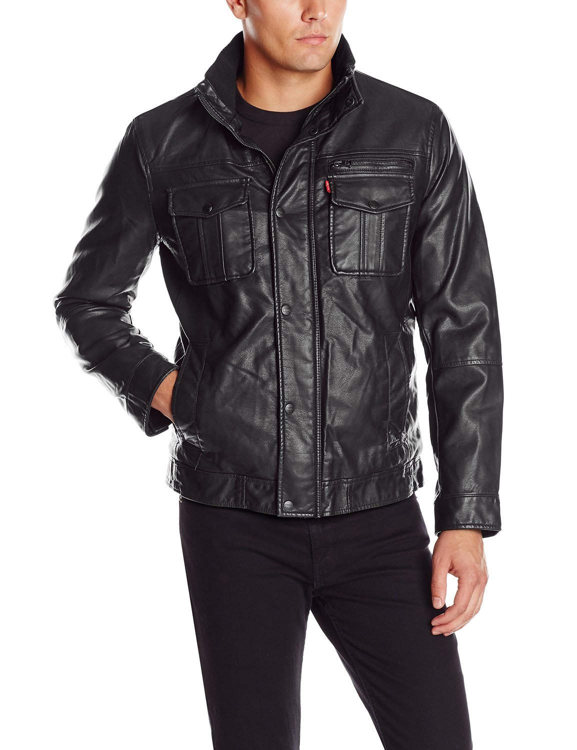Levi S Men Faux Leather Trucker Jacket With Sherpa Lining Black Picture 2 Of 3