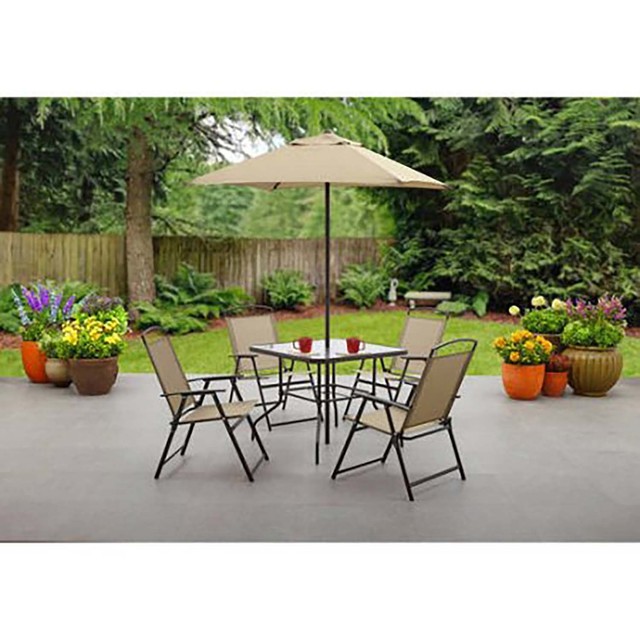 Dining Table Set Umbrella Folding Chair Garden Patio 6 Pcs Seat Tan Picture 2 Of 13