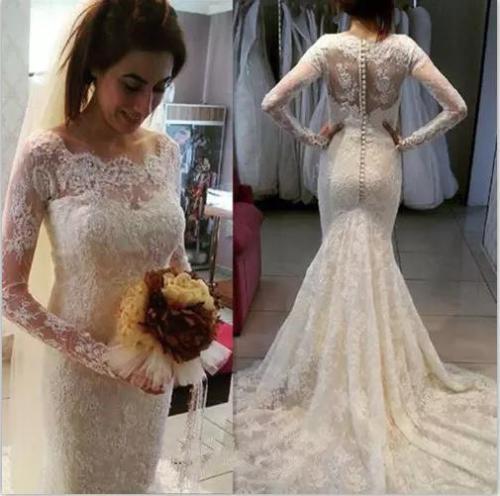 Lace Mermaid Wedding Dress White Ivory Long Sleeve Train Lace Mermaid Wedding Dress White Ivory Long Sleeve Train Bridal Gown 16 W Ebay