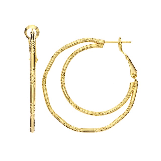 14k Rhodium Plated Yellow Gold Polished And Textured Hoop Earrings 14k Yellow Gold Plated Double Hoop Polished And Textured Earrings 1 8mm X 40mm