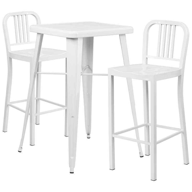 White Metal Indoor Outdoor Bar Table Set With 2 Vertical Slat Back Picture 1 Of
