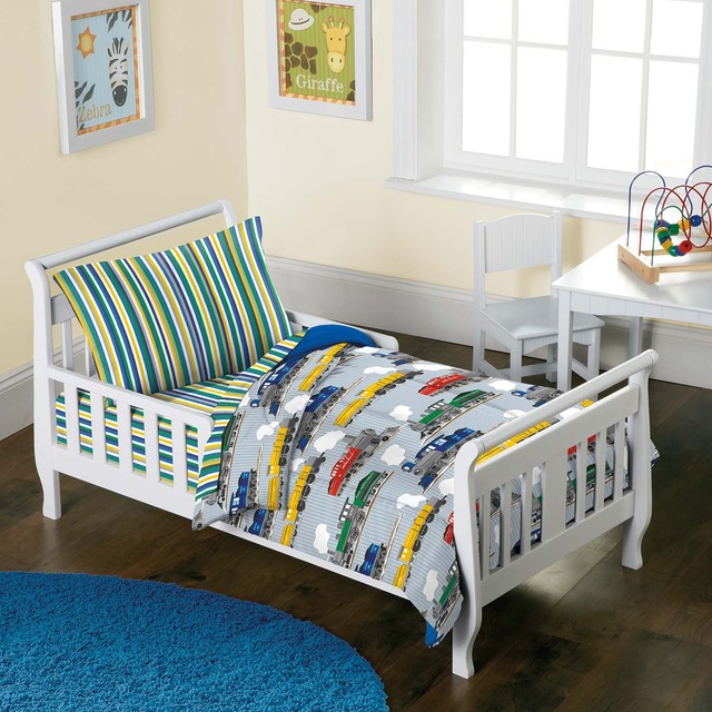 4pc Trains Toddler Bedding Set Vintage Railroad Steam Engine Trains Ultra Soft Microfiber Boys 4 Piece Toddler Bedding Set Blue