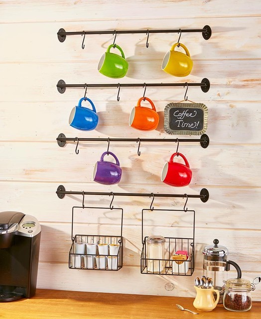 Coffee Mug Rack Part - 29: Coffee Mug Rack Basket Set Wall Mount Kitchen Organizer Hook Hanging Pantry 6 PC