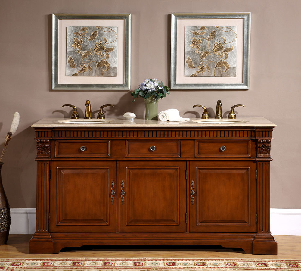 67 Bathroom Cabinet Lavatory Vanity Double Sink Travertine Stone Picture 1 Of 4