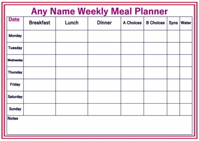 Personalised A4 Weekly Reusable Diet Weight Loss Chart / Planner ...