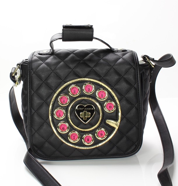 Betsey Johnson Black Pvc Quilted Small Phone Crossbody Bag Purse Betsey Johnson New Black Gold Small Quilted Phone Crossbody Hand Bag 108 050