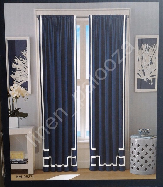 Nautica Navy Base Ivory Ribbon Lique Modern Window Curtain Panels Nautica Navy Base Ivory Ribbon Lique Modern Window Curtain Panels 52x96 Pair