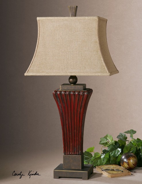 Uttermost 26465 Rosso Ribbed Ceramic Table Lamp New 36 Ribbed Ceramic Dark Red Table Lamp Golden Bronze Detail Linen Shade