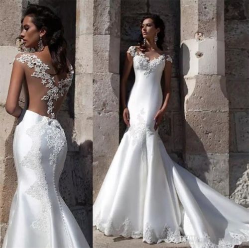 Mermaid Wedding Dress Lace Satin Backless Sheer Train Bridal Gown Mermaid Wedding Dress Lace Satin Backless Sheer Train Bridal Gown Custom Us 6 White Ebay