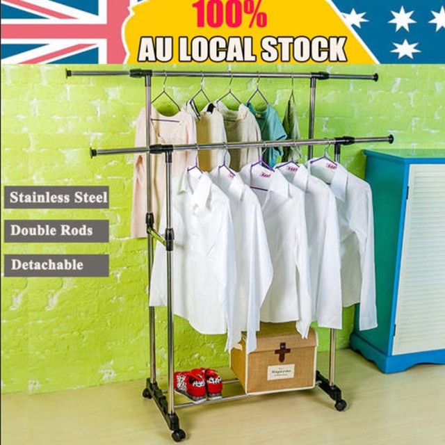 Movable Double Rods Stainless Steel Clothes Rack Hanger Cloth Garment Dryer SD