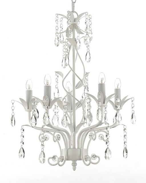 Wrought Iron And Crystal 5 Light White Chandelier H20 X W14 Wrought Iron And Crystal 5 Light White Chandelier Pendant Lighting H20