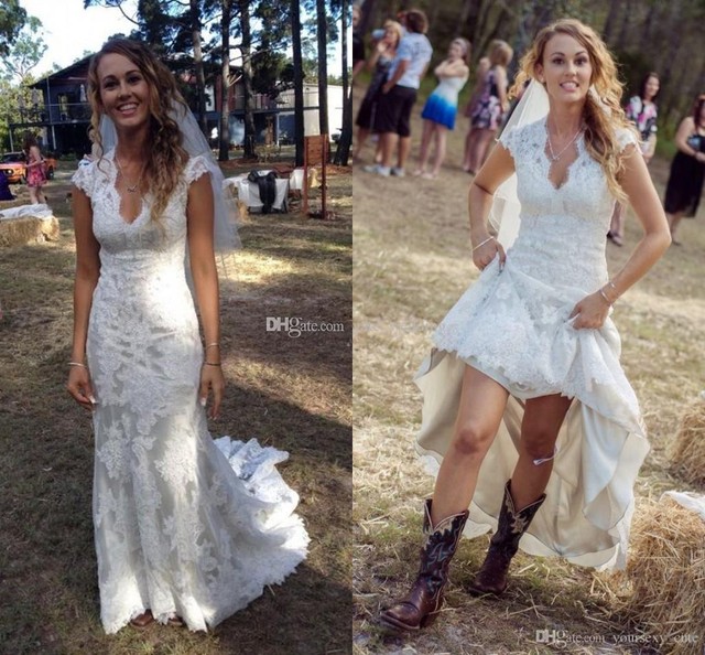 2018 Vintage Country Wedding Dress V Neck Cap Sleeves Lace Bridal ... 2018 Vintage Country Wedding Dress V Neck Cap Sleeves Lace Bridal ...
