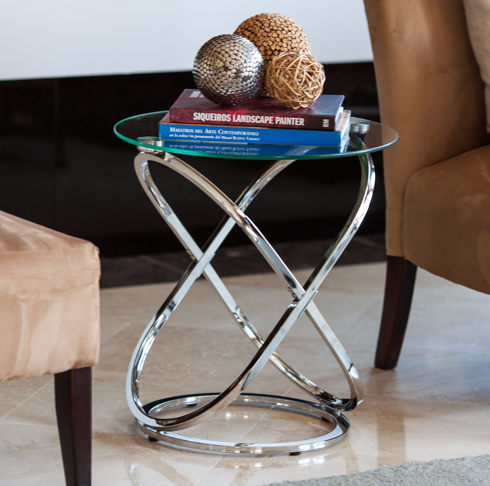 End Table Round Glass Top Chrome Base Cross Legs Modern Accent Picture 1 Of 2