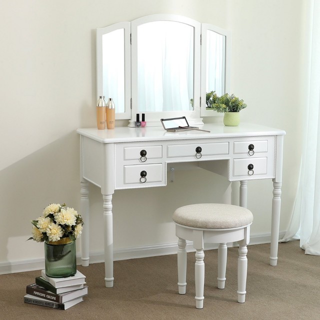 White Makeup Vanity Table Dressing Set Cushioned Stool Folding White Makeup Vanity Table Dressing Set Cushioned Stool Folding Mirror 5 Drawers