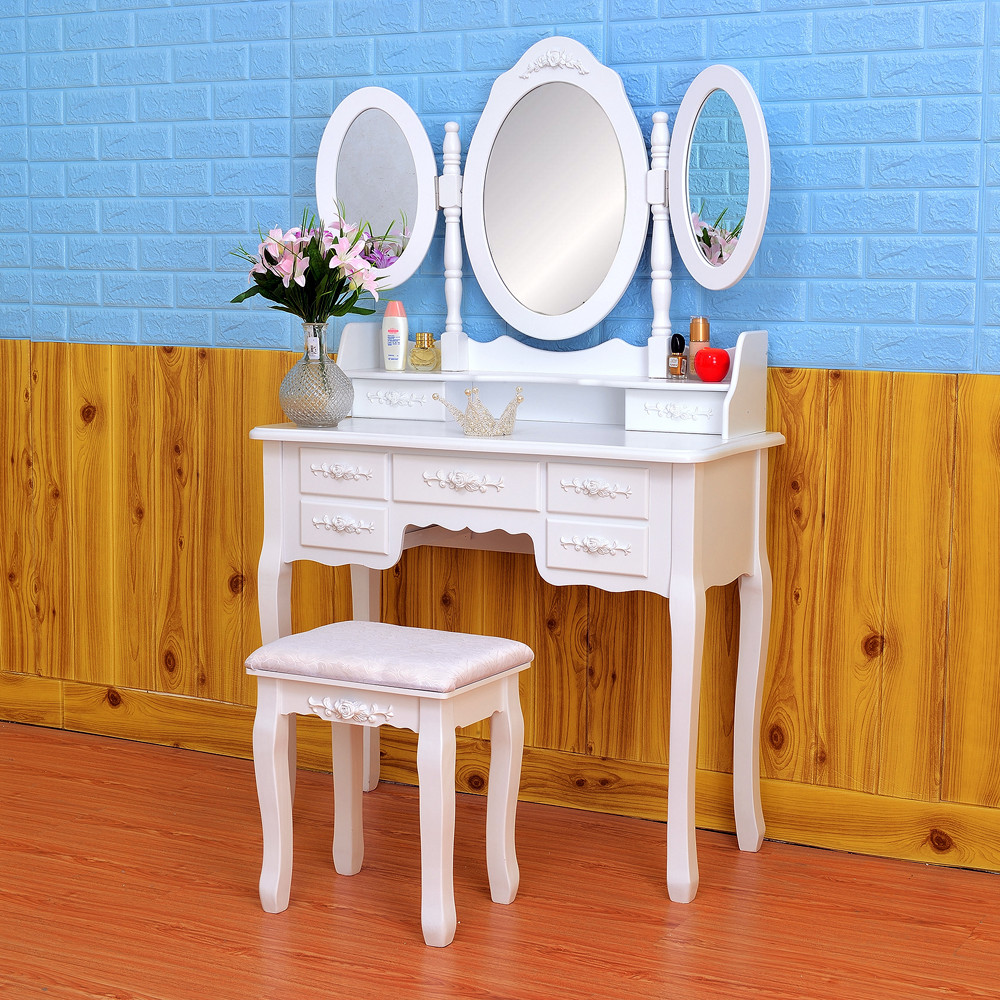 Tri Folding Mirror White Wood Vanity Set Makeup Table Dresser 7 4