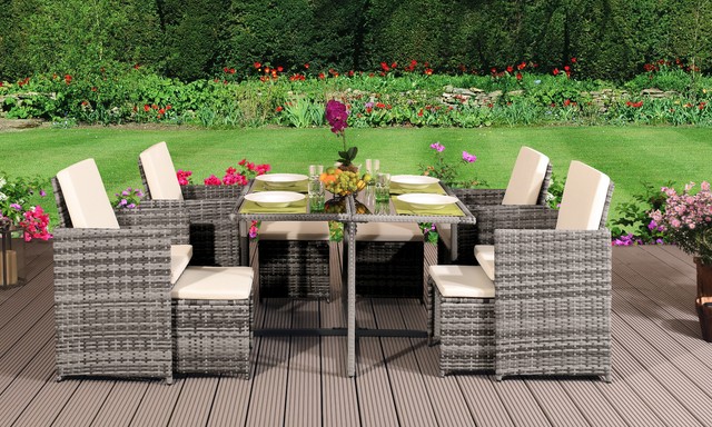 Cube Rattan Garden Furniture Set Chairs Sofa Table Outdoor Patio Cube Rattan Garden Furniture Set Chairs Sofa Table Outdoor Patio Wicker 8 Seater Light Grey With Cover
