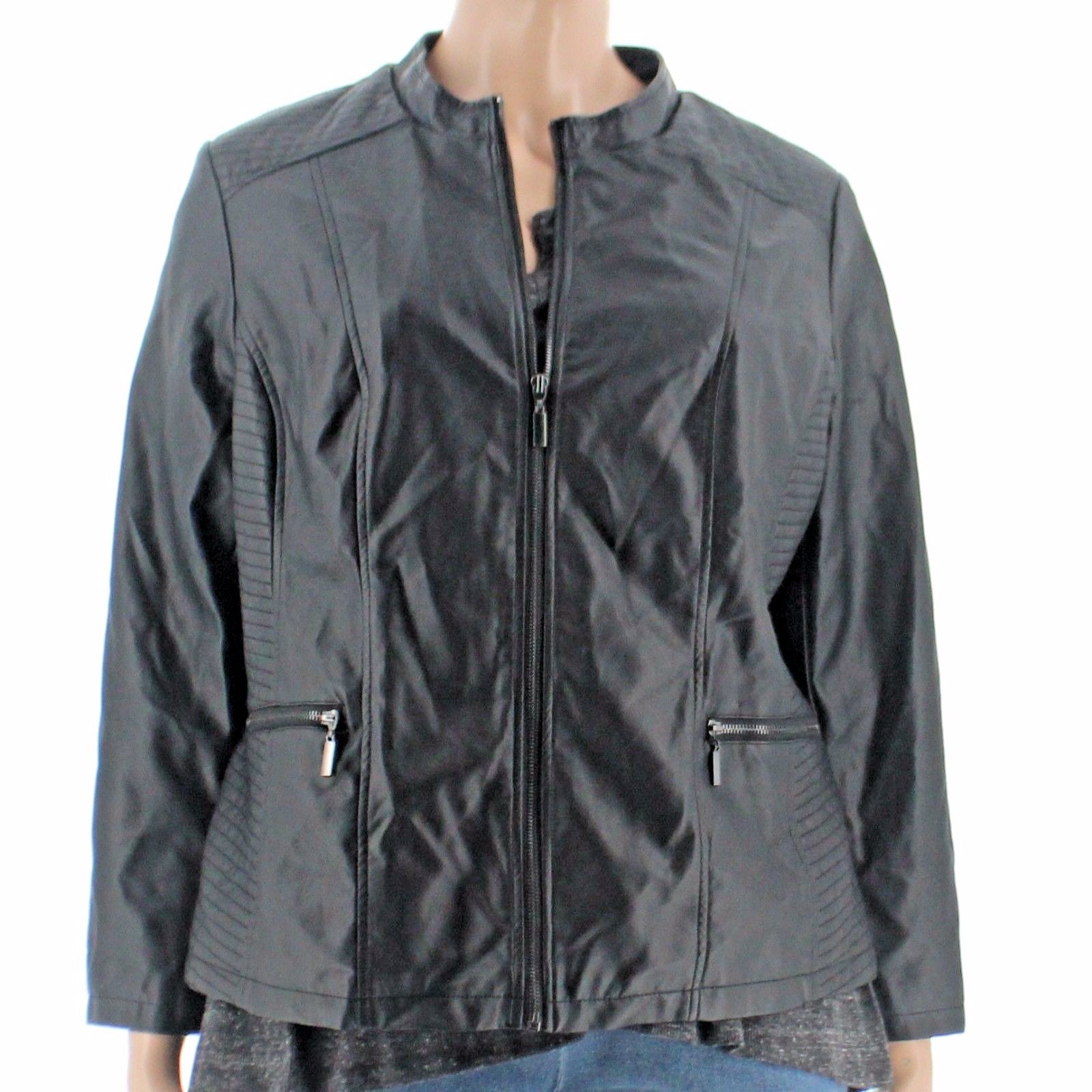 Alfani Women Core Fashion Deep Black Faux Leather Moto Jacket Size Picture 1 Of 3