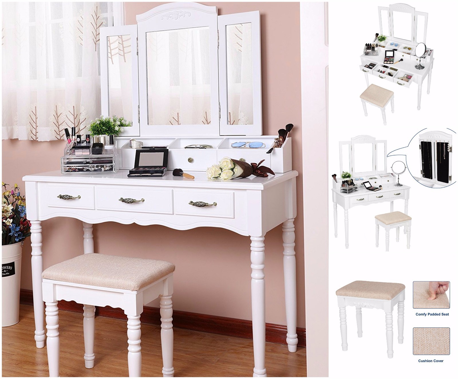 Makeup Mirror Vanity Dressing Table Set 7 Drawers 6 Organizers Picture 1 Of 12